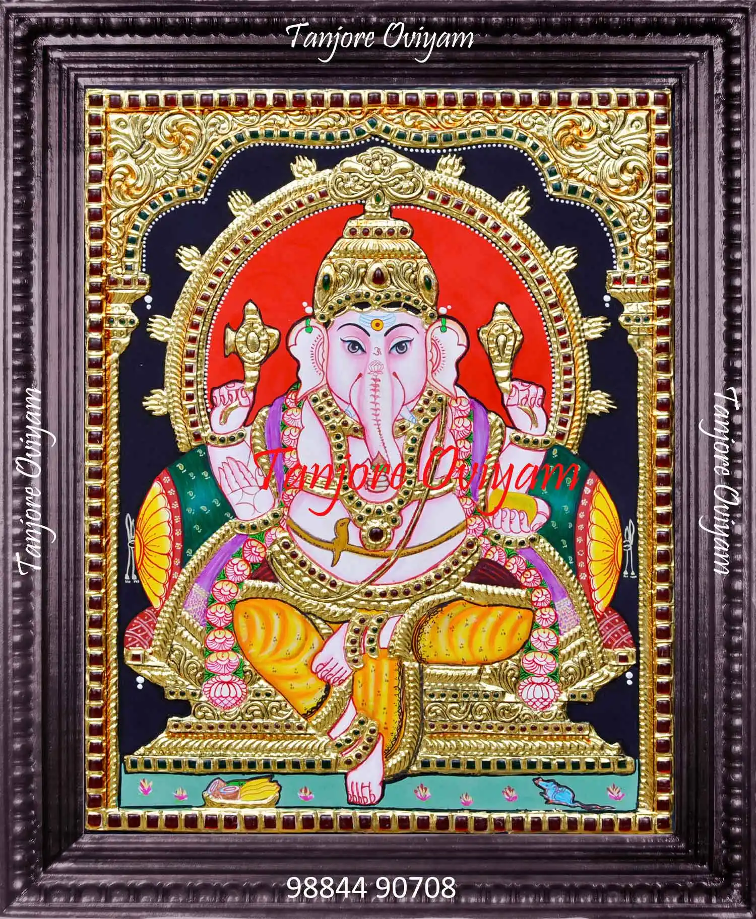 Ganesh Tanjore painting with gold foil relief work, seated Lord Ganesha in traditional Thanjavur art style